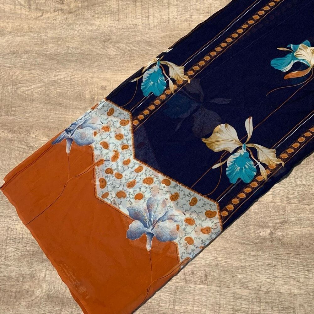 Vintage Floral Orange Brown Blue Paisley 1960s Scarf Square XL Shawl - Picture 2 of 6